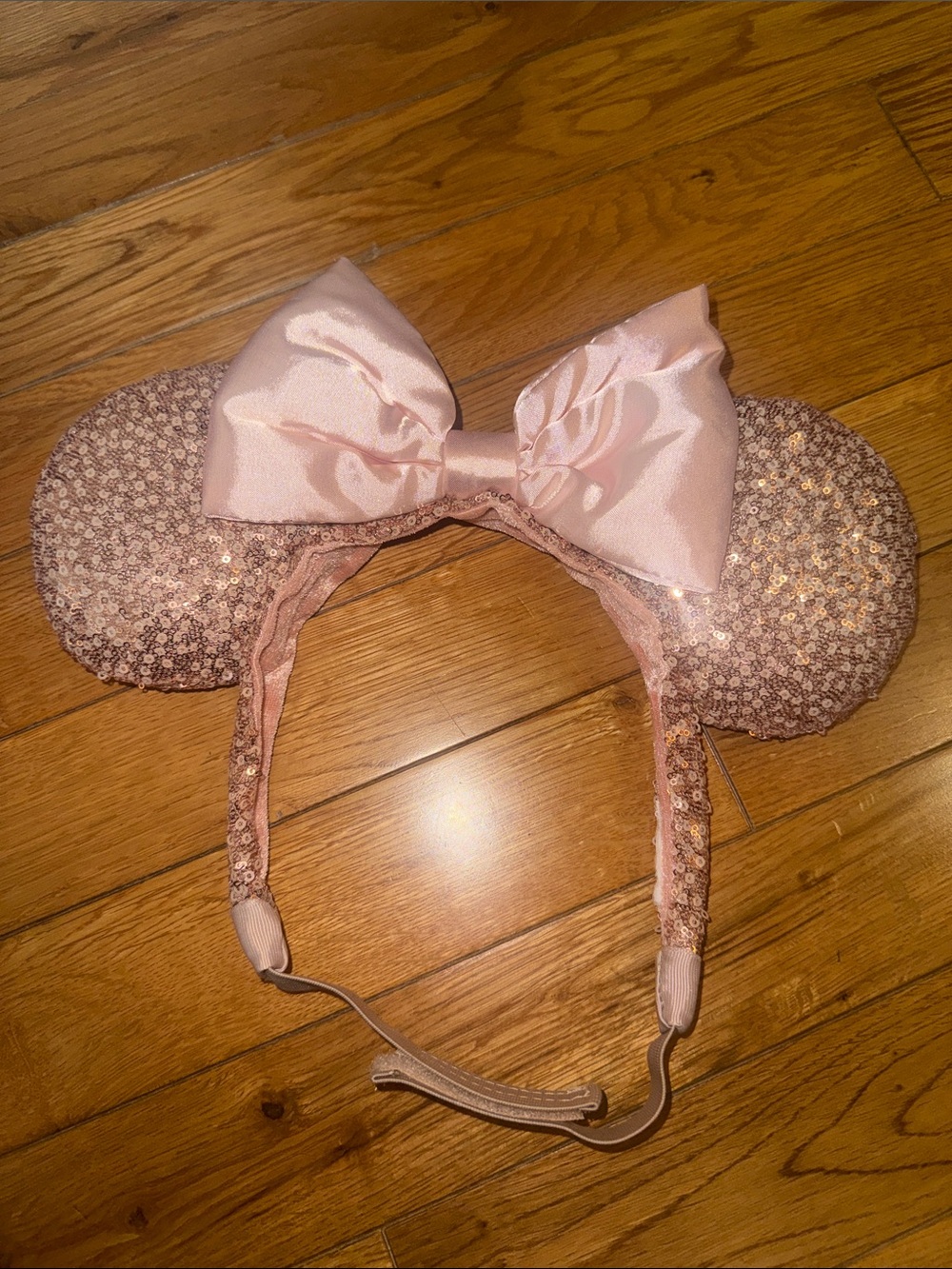 Rose Gold Sequin Minnie Ears Headband with Satin Bow -- Velcro